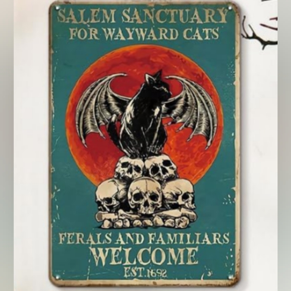 NEW Halloween "Salem Sanctuary For Wayward Cats" TIN sign 12"x8" - Picture 3 of 6